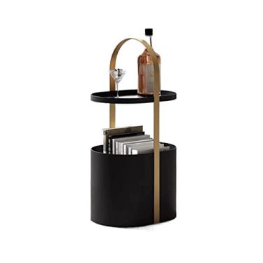 Imagem de Mesa lateral moderna e moderna mesa de cabeceira, mesa de centro portátil com alça e cesta de armazenamento, mesa lateral de sofá de metal para sala de estar quarto simples (preto + ouro)