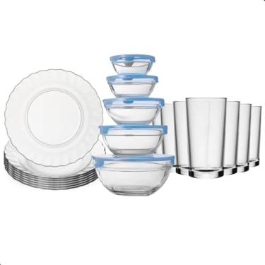 Imagem de Kit Aparelho de Jantar 17 Peças com Potes com Tampa Sortidas – Pratos, Copos e Potes de Vidro | Conjunto Completo, Moderno e Prático para Sua Mesa Posta (MARGARIDA)