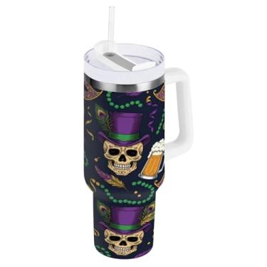 Imagem de Blueangle Copo térmico de 1,134 g carnaval caveiras com alça e tampa de palha, caneca de viagem reutilizável de aço inoxidável (809)