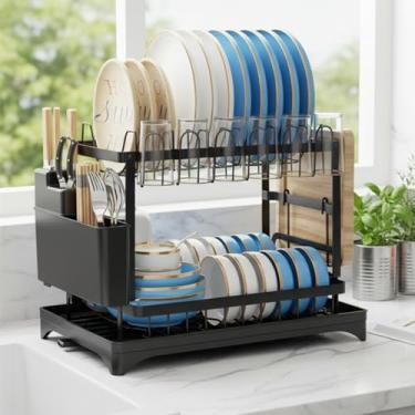 Imagem de Mnftive Escorredor de louça de aço carbono de 2 camadas para balcão de cozinha, tubo de drenagem ajustável, suporte de talheres, organizador de pia com economia de espaço para pequenas cozinhas e