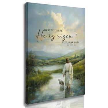 Imagem de Nitelat Arte de parede de Páscoa cristã He is Risen, decoração de parede em tela de Páscoa cristã para igreja de escritório em casa, arte de parede de Jesus e cordeiro, imagens em tela de versículo