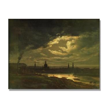 Imagem de NHLDZYH J.C. Dahl Reprodução de arte famosa, arte em tela de paisagem romântica nórdica, decoração de parede elegante para sala de estar e escritório. (visão noturna). 50 x 65 cm - 19,7 x 25,6 pol