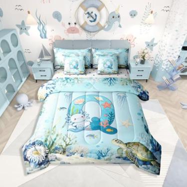 Imagem de Erosebridal Jogo de cama solteiro com estampa de Axolotl azul fofo com letra de desenho animado Axolotl, tamanho solteiro, para crianças, meninos, meninas, com inicial A-Z, em uma bolsa, mundo
