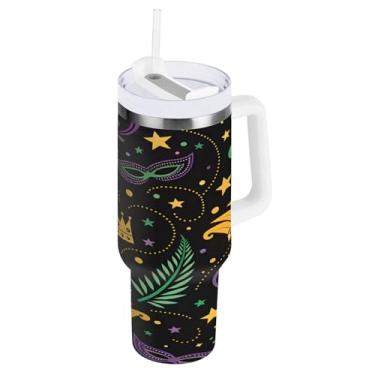 Imagem de Blueangle Copo isolado de 1,134 g Mardi Gras Masquerade com alça e tampa de palha, caneca de viagem reutilizável de aço inoxidável (950)