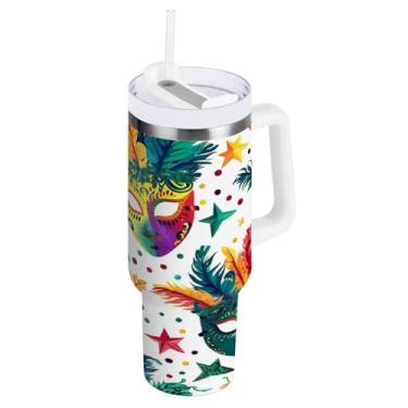 Imagem de Blueangle Copo isolado com padrão de máscaras de carnaval de 850 g com alça e tampa de palha, caneca de viagem reutilizável de aço inoxidável (57)