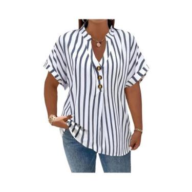 Imagem de Blusa Feminina plus Size Com Decote Em V, Botões, Manga Morcego, Listr
