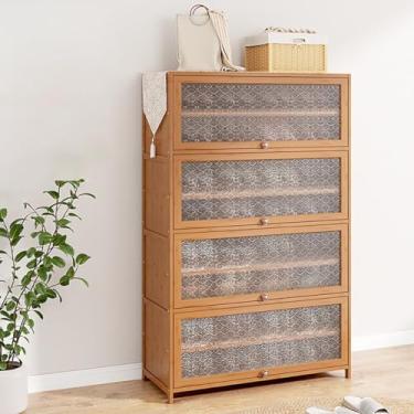 Imagem de SGeneE Armário de sapatos de bambu com portas em relevo de begônia, rack de armazenamento de sapatos com prateleiras ajustáveis, armário de corredor organizador de sapatos banco para entrada e sala de