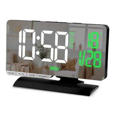 Imagem de Relógio digital, despertador de cabeceira, espelho de LED grande de 18 cm com data, visor de dia, alarme duplo com 3 modos, Brightnee, DST, função soneca, porta de carregamento USB C, 5 volumes para