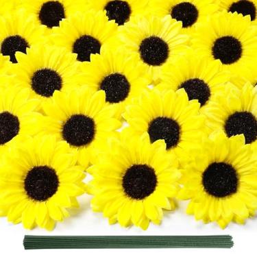 Imagem de Coferset 40 cabeças falsas de girassol com hastes, flores de seda artificial de girassol de outono de 10 cm para festa, chá de bebê, casamento, artesanato, decoração de outono (amarelo limão)