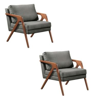 Imagem de Kit 2 Poltronas Decorativa Mona Luxo Linho Cinza Base Madeira Maciça