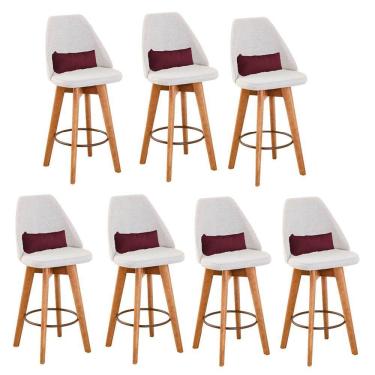 Imagem de Kit 07 Banquetas Alta Maya Giratória Com Encosto Gourmet Linho Bege e Almofada Sintético Bordô - Aurora Line