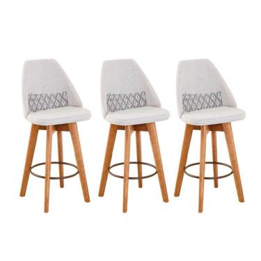 Imagem de Kit 03 Banquetas Alta Maya Giratória Com Encosto Gourmet Linho Bege e Almofada Zigzag - Aurora Line