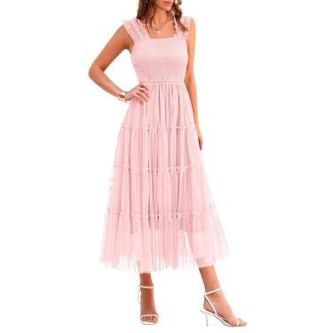 Imagem de Vestido Midi de Tule PRETTYGARDEN Sem Mangas com Franzido Rosa Claro T