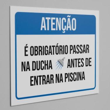 Imagem de Placa Acm Obrigatório Ducha Antes Entrar Piscina Azul 18X23 - Sinalizo