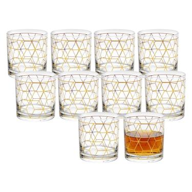 Imagem de Jogo 10 Copo De Whisky Vidro Baixo Para Drink Whiskey Uisque Detalhe Dourado Cube 320ml Wolff