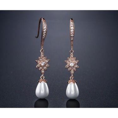 Imagem de Brinco Noiva Zirconia Perola Pendurado Dourado Rosê Festa - De Castro 