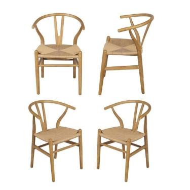Imagem de Kit 4 Cadeiras de Jantar Wishbone em Madeira com Assento Rattan Bege