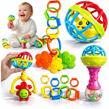 Imagem de Kit Chocalho para Bebe 8 Pecas Brinquedo Educativo Sensorial Mordedor Infantil Colorido Desenvolvimento Motor