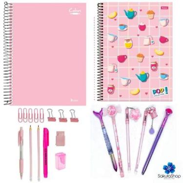 Imagem de Kit Papelaria Tons de Rosa Fofa Kawaii Cor Rosa Escolar Neon Pastel Un