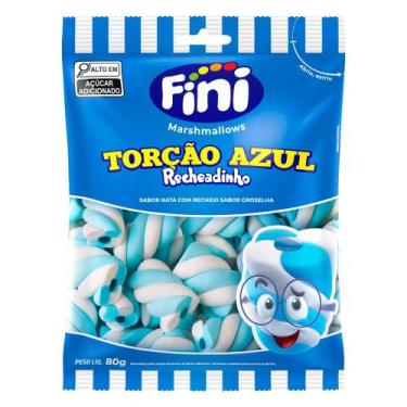 Imagem de Marshmallows Fini Torção Azul Recheadinho Sabor Nata com Recheio de Gr