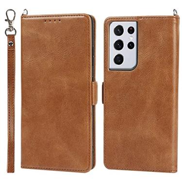 Imagem de Capa carteira para Samsung Galaxy S21/S21 Plus/S21 Ultra, bloqueio de RFID, capa de couro de poliuretano com alça de pulso e compartimentos para cartões, capa protetora flip magnética, marrom, S21 Plus de 6,7 polegadas