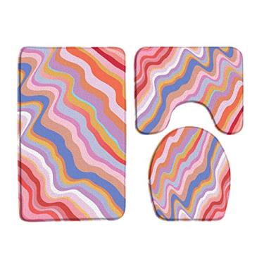 Imagem de Conjuntos de tapetes de banho listrado rosa moda simples tapete de porta de flanela decoração geométrica do banheiro antiderrapante tapete de tampa de vaso sanitário 3 peças/conjunto, 1707AG, conjunto de 3 peças, 45x75 cm, conjunto de 3 peças