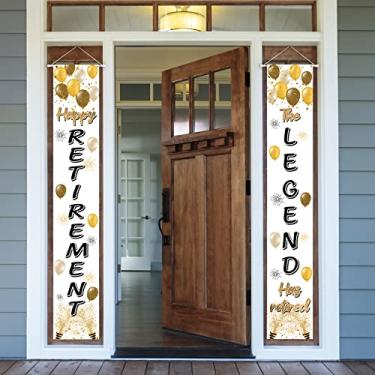 Imagem de LASKYER Faixa de porta dourada Happy Retirement - pano de fundo fotográfico de parede de casa "Cheers to Retirement", decoração de festa de despedida de adeus