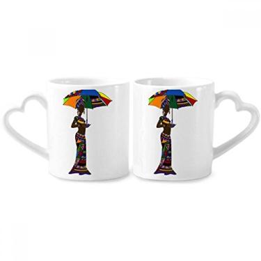 Imagem de Vestidos femininos aborígenes africanos para casal, conjunto de canecas de porcelana para amantes de cerâmica com alça de coração