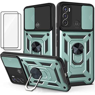 Imagem de Capa para Motorola Moto G60 Capinha | com 2 protetores de tela temperados, janela deslizante de proteção da câmera integrada e suporte para telefone - Verde
