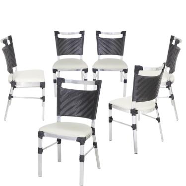 Imagem de Conjunto 6 Cadeiras Panero em Alumínio, Fibra Sintética com Assento Estofado p/ Área Goumert, Varanda, Sala de Jantar - Preto/Branco