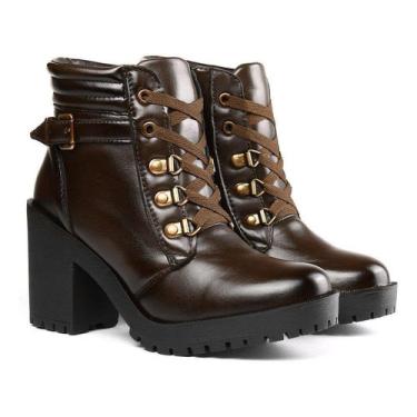 Imagem de Bota Cano Curto Feminino com Salto Grosso Tratorado Fecho Cadarço