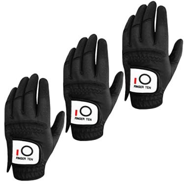 Imagem de Luva de golfe masculina FINGER TEN com aderência de chuva, pacote com 3, preto, branco, esquerdo, ajuste destro, golfista resistente a todos os climas, tamanho pequeno, médio e grande GG, Preto, Medium/Large