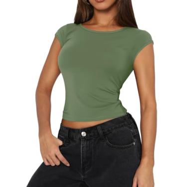 Imagem de Bloggerlove Camisetas femininas sexy gola redonda frente única 2024 manga curta slim fit camisetas básicas Y2K Cami Tops, Verde militar, G