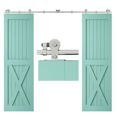 Imagem de TSMST Kit de ferragens para porta de celeiro deslizante de 2,5 m, trilho de porta de celeiro resistente de aço inoxidável para porta dupla de madeira, deslize suavemente silenciosamente (estilo T)