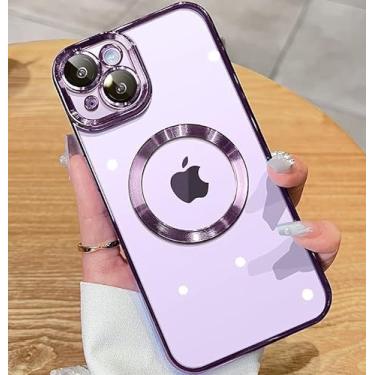 Imagem de KELUOAS Capa magnética Matálico brilhante transparente para iPhone 15 Pro com proteção total da câmera [ímãs N52 fortes nº 1] [proteção contra quedas de grau militar] para mulheres e meninas Magsafe