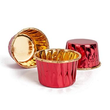 Imagem de GOLDEN APPLE, Mini copos de papel alumínio para assar bolo, 50 peças, forros para muffins, formas de cupcake, forros para festa de casamento, festival, forros de cupcake vermelhos em ouro