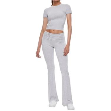 Imagem de AnotherChill Conjunto feminino de 2 peças de calça flare dobrável de manga curta, roupa casual confortável, Cinza-claro, G