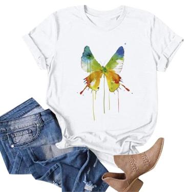 Imagem de Camisetas brancas femininas 2024 verão libélula borboleta gráfico tops manga curta gola redonda blusas básicas túnica casual, Z24 Branco, 3G