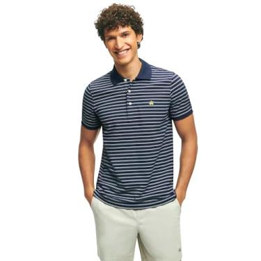 Imagem de Brooks Brothers Camisa polo masculina de algodão piquê stretch manga curta, Azul-marinho/branco, M