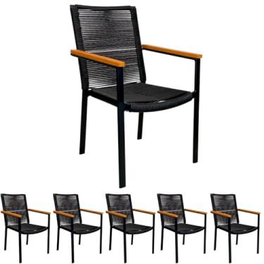 Imagem de Kit 6 Cadeiras de Aluminio revestida em corda com proteção UV braços em madeira de peroba para área externa piscina cozinha salão de festas ALUMINIUM DECOR TECNOFOIL (PRETO)