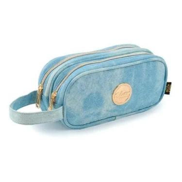 Imagem de Estojo Escolar Duplo Feminino Jeans Glitter Seanite Super Reforçado, A