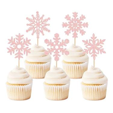 Imagem de Ercadio 25 peças de topos de cupcake de floco de neve com glitter, flocos de neve, decoração de bolo de floco de neve, rosa claro, decoração de bolo de bebê, chá de bebê, revelação de gênero, tema de
