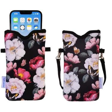 Imagem de Tainada Bolsa de neoprene masculina e feminina com alça transversal/cordão de pescoço para iPhone 17/16/15 Pro Max, Air, 16/15 Plus, 16e, Samsung S25+, S25, S24, A56, Z Fold7 (floral preto)