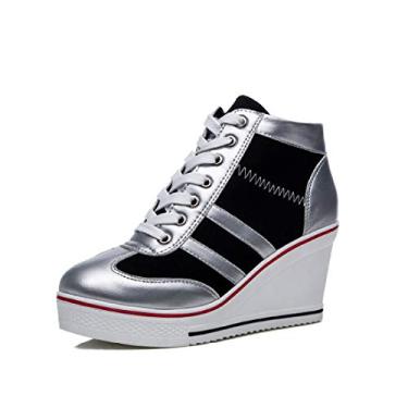 Imagem de Mei MACLEOD Tênis feminino plataforma plataforma salto alto botas de cano curto casual sapatos de lona, Prata, 36