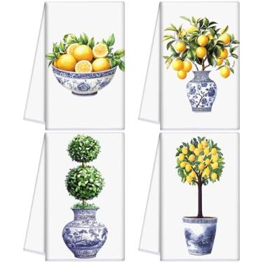 Imagem de Macarrie 4 peças Chinoiserie toalhas de cozinha de Natal 61 cm x 40 cm toalhas de mão de prato de Natal toalhas de chá de Natal banheiro azul branco decoração presente de inauguração de casa de férias