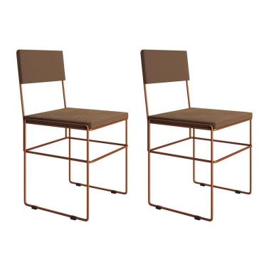 Imagem de Kit 2 Cadeiras De Jantar Industrial Estofadas Veludo Marrom Base Cobre Vitoria Marrom