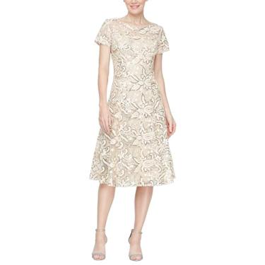 Imagem de S.L. Fashions Vestido de coquetel feminino manga cavada comprimento chá com decote ilusão, convidada de casamento (tamanho pequeno e regular), Marfim de inverno, 40