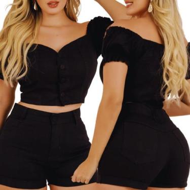 Imagem de Conjunto Jeans Feminino Short Barra Dobrada Cintura Alta 2 Peças Stand