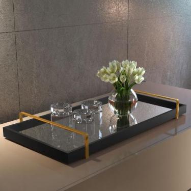 Imagem de Bandeja Decorativa Preta Espelhada Alça Dourada - Larflex