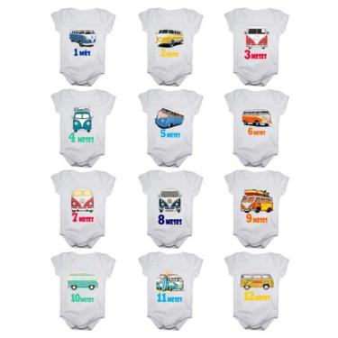 Imagem de Kit body bebê mesversario manga curta estampa kombi 12 bodies 1 a 12 m